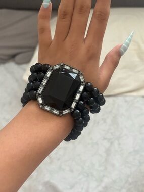 Black Multi-Strand Beaded Statement Bracelet with Faceted Center Stone